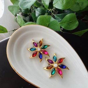 Vintage 1980s Floral Rhinestone Clip On Earrings